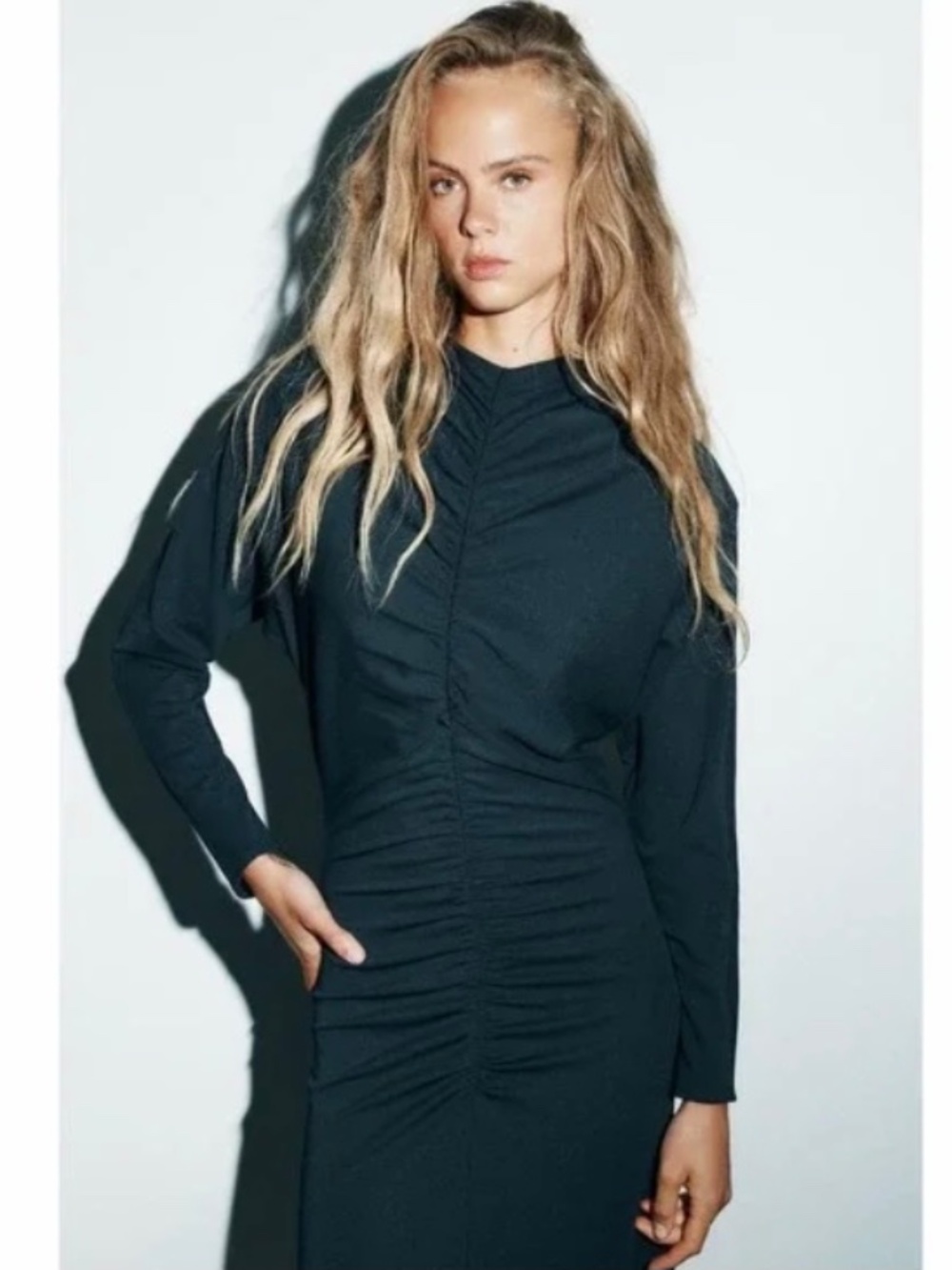 Zara Ruched Long Sleeve Maxi Dress High Neckline Petrol Blue Whimsigoth Large - Picture 2 of 11